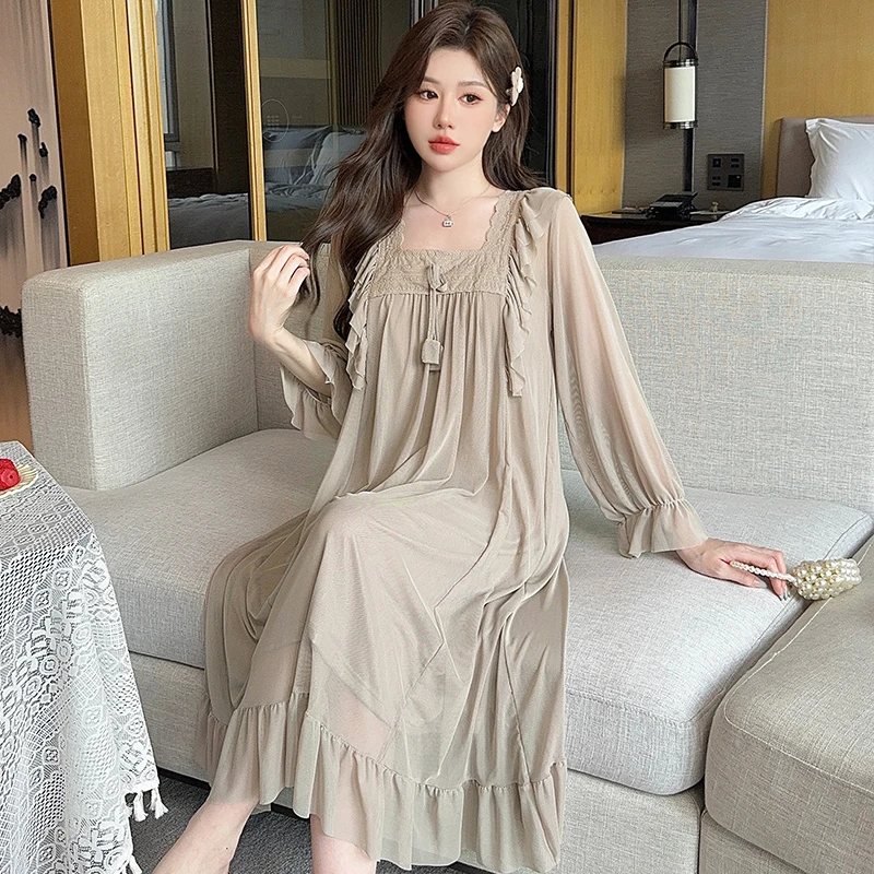 Pajamas Women Sleepwear with Chest Cushion Mesh Gauze Nightdress Lace Trim Sweet Princess Wind Womens Cute Nightgown