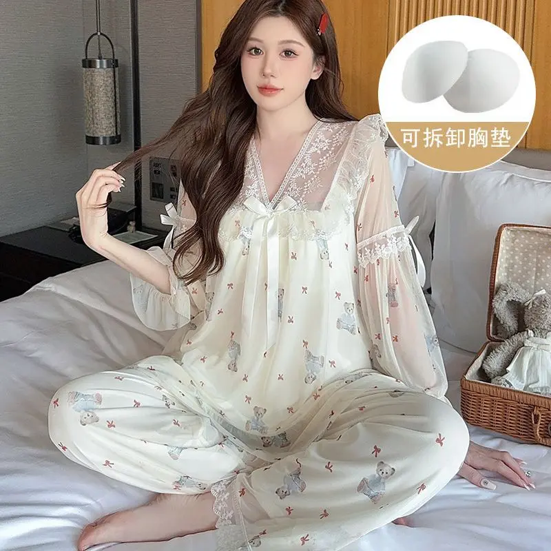 Pajamas for Women Cute Cartoon Printing Mesh Nightshirts Sweet Lace Trim Fairy Style Homewear Sleepwear Suit