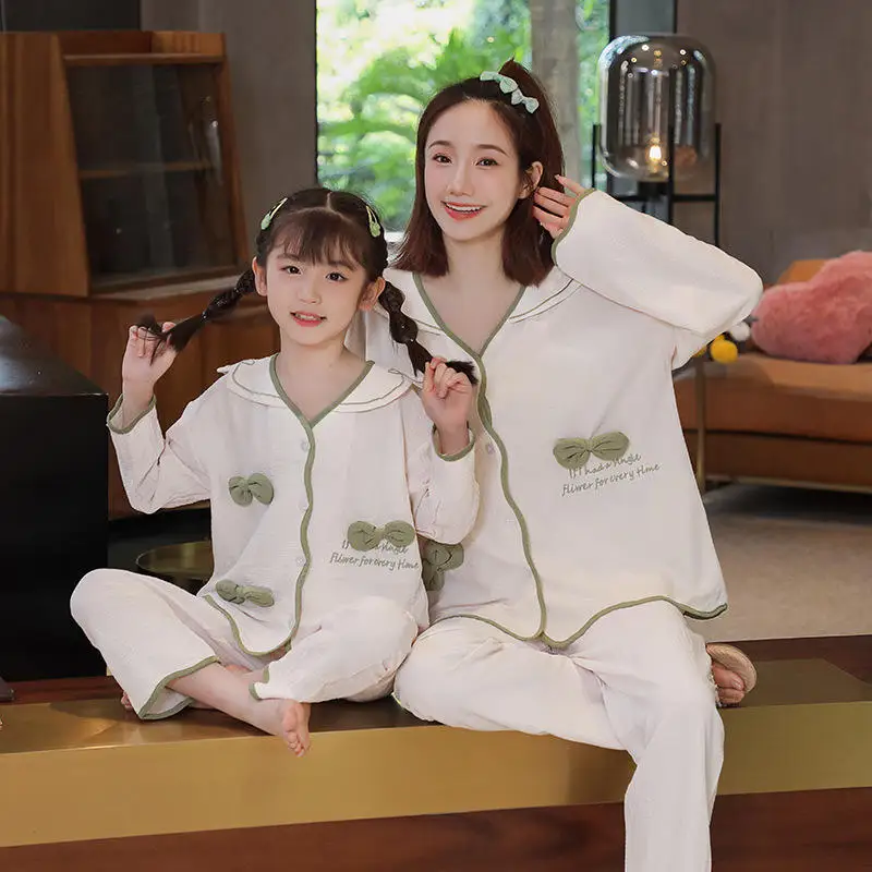 Parent Child Mother Daughter Girls Pajamas Spring Autumn Cardigan V neck Breathable Cotton Linen Suit Thin Style Children's