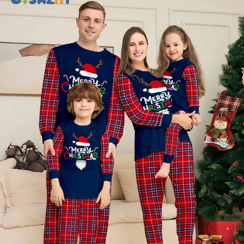 Parent child Home Wear Couple Kid Bady Dog Sleepwear Cartoon Santa Hat Monogrammed Plaid Family Christmas Pajamas Set