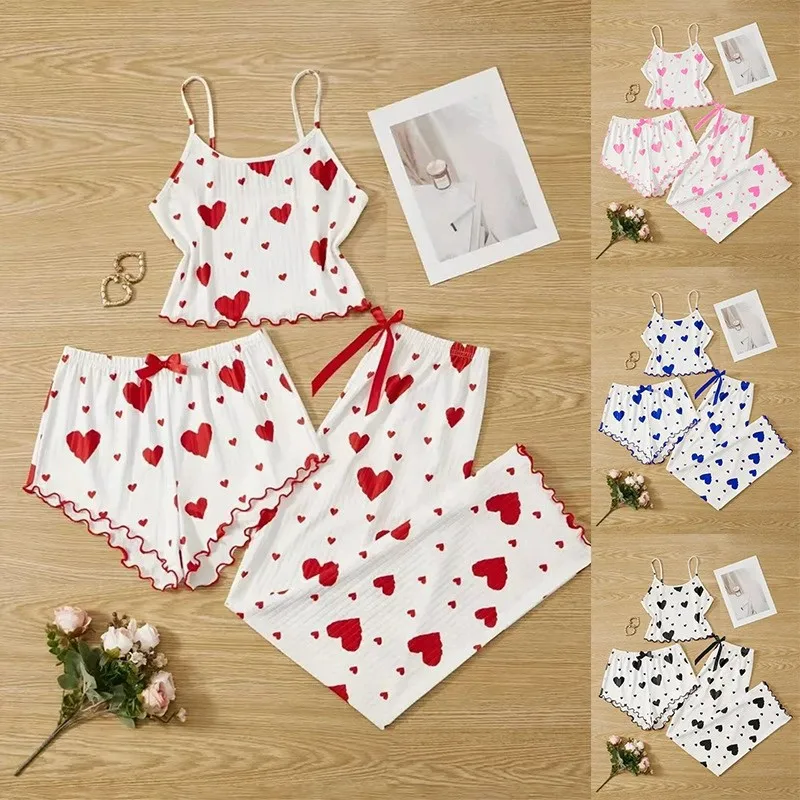 Party Gift Women's Pajamas Set Sleepwear 3 PCS Short Tank Tops Shorts Ventilate Soft Casual Love Printing Sleepwear Party Gift