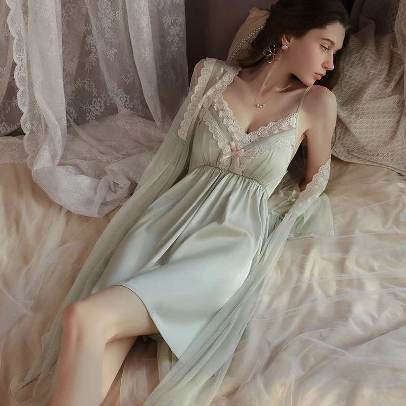 Patchwork Slip Nightdress Sleeve Mesh Robe Pajamas Satin Waist With Chest Pad Deep V Seductive Lace Women Summer Dresses Tatting