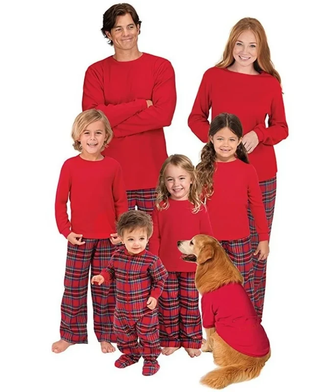 Personalized-Family-Matching-Christmas-Pajamas-Set-Red-Plaid-Nightwear-Support-1pc-POD-Dropshipping-Free-Mockup-Holiday-PJS