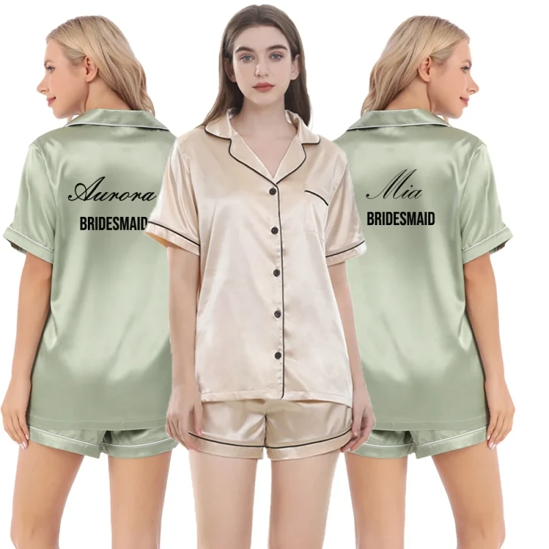 Personalized Logo Custom Bridal Party Pajama Set for Bride Bridesmaids Silk Satin Short Sleeve Women's 2 Piece with Elastic Band