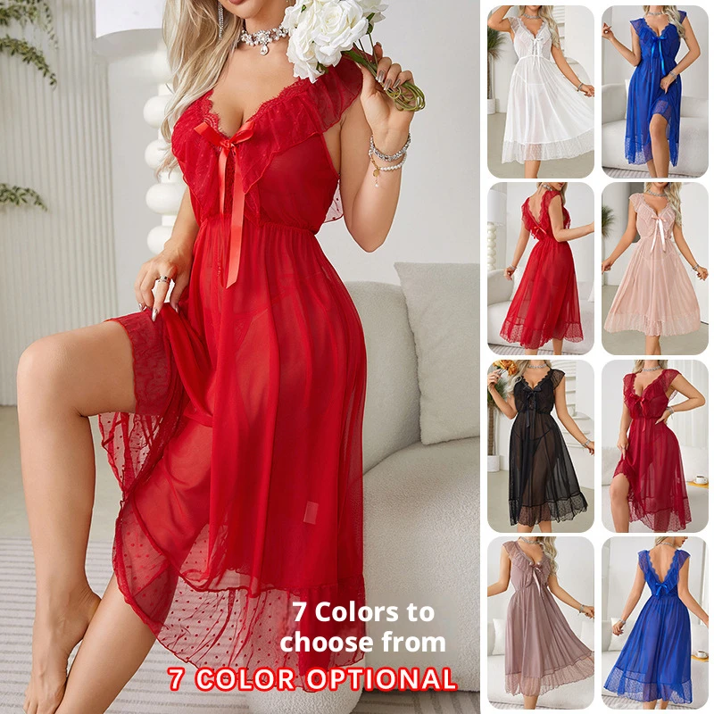Philippine Rhyme Sexy V neck Polo Dot Nightdress Princess Style Long Skirt Spring Autumn Women's Mesh Stretchy Breathable