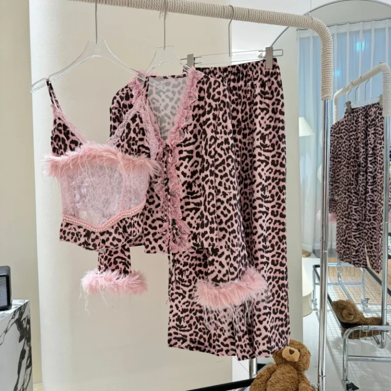 Pink-Leopard-Print-3-Piece-Pajama-Set-Feather-Trim-Lace-Patchwork-Sexy-Sleepwear-Loungewear-for-Women
