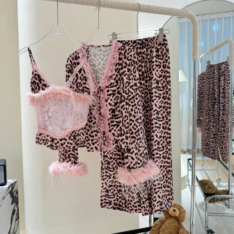Pink Leopard Print 3 Piece Pajama Set Feather Trim Lace Patchwork Sexy Sleepwear Loungewear for Women