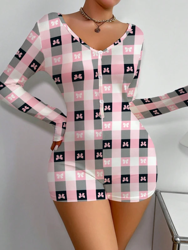 Pink Plaid Bow Print Women's Onesie Pajamas V Neck Long Sleeves Button Down Soft Knit Fabric Loungewear