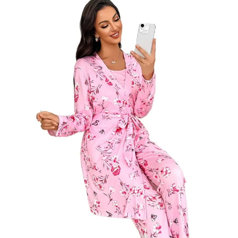 Pink-Rabbit-Print-Womens-Padded-Onesie-Breathable-Knitted-Elastic-Waist-Vacation-College-Wear-Winter-Autumn-Pajama-Front