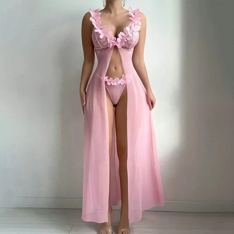 Pink Sweet Princess Nightgown Fishnet Floral Lace Robe See through V Neck Open Front Negligees Passion One Piece Long Maxi Dress