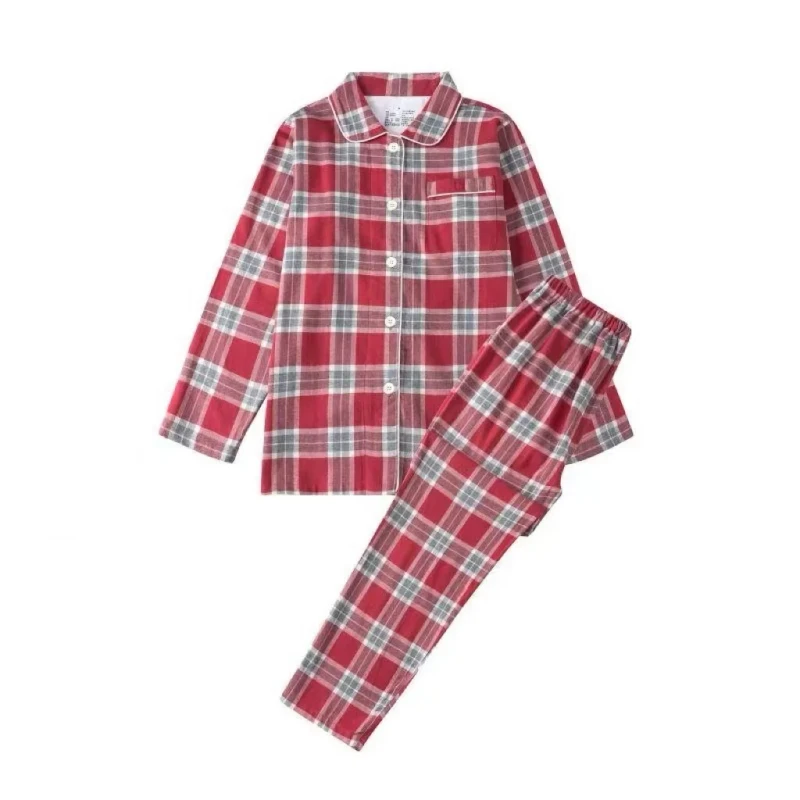 Plaid Women's Summer Leisure Pajamas Set Turn-Down Collar Long Sleeve Trousers Comfortable Night Pijamas for Home Wear