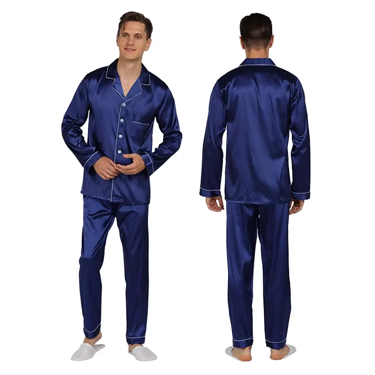 Plain Satin Knitted Men Pajama Set Long Sleeves Two Pieces Set For Men Soft Fabric Sleepwear Suit