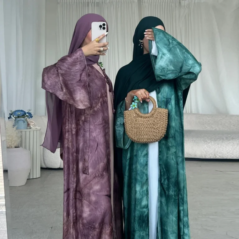 Pleated-Satin-Dubai-Tie-Dye-Islamic-Printed-Womens-Open-Abaya-Middle-East-Elegant-Ramadan-Kimono-Turkey-Muslim-Robe-with-Cords