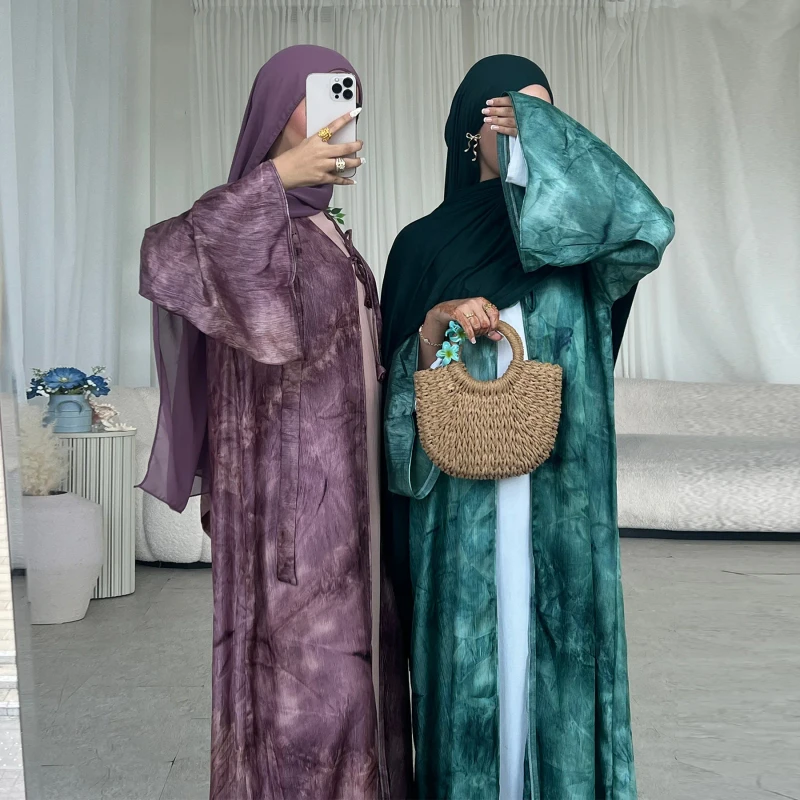 Pleated Satin Dubai Tie Dye Islamic Printed Women's Open Abaya Middle East Elegant Ramadan Kimono Turkey Muslim Robe with Cords