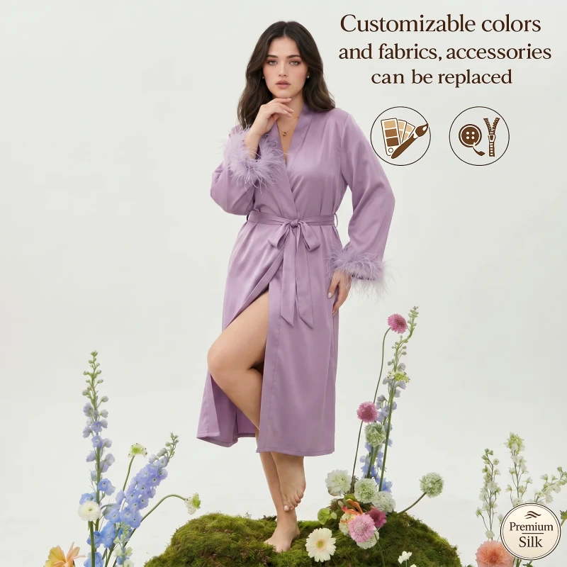 Plus Size Faux Silk Robe Purple Faux Fur Cuffs Heavy Satin Lounge Wear Women's Pajamas Set for Home