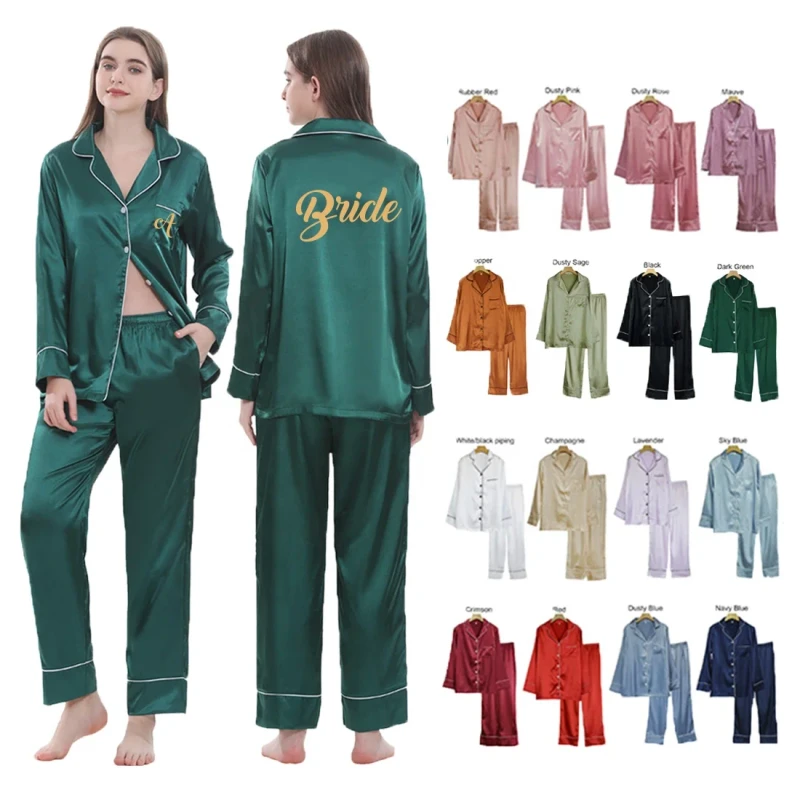 Plus Size High Quality Solid Bride Bridesmaid Pajama Set Women Silk Satin Long Sleeve Luxury Elastic Band Sleepwear Christmas