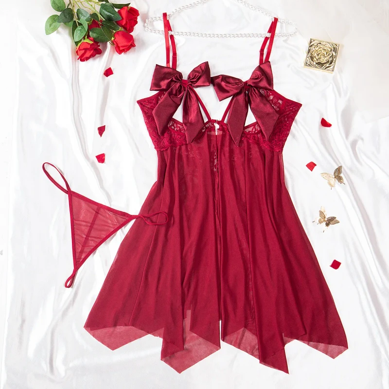 Plus Size Lingerie Set Satin Bow Tie Front Chemise with G-String & Lace Trim Bridal Wedding Night Slip for Women