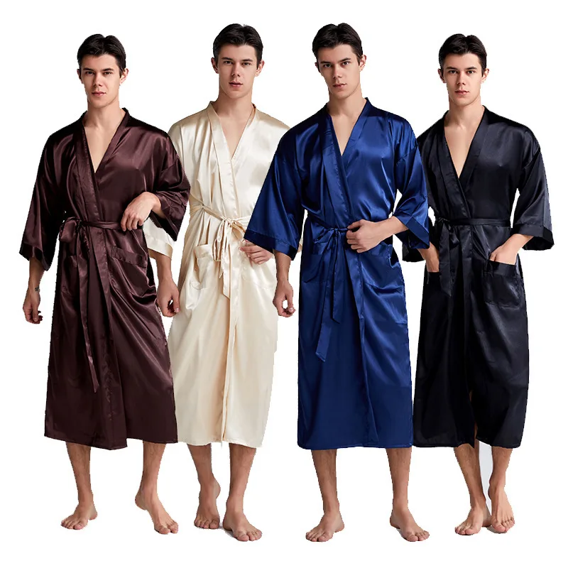 Plus Size Long Sleeve Mens Robe Groomsman Satin Bathrobe