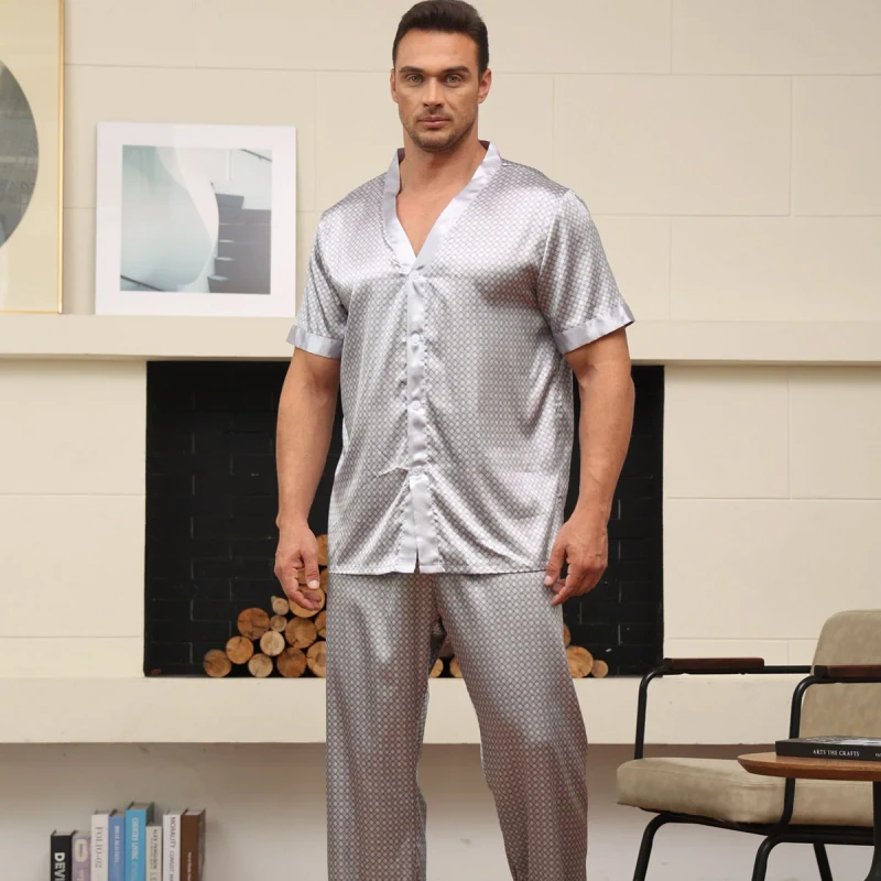 Plus Size Men's Casual Silk Homewear Set Comfortable Pajamas for Summer Autumn with Short Sleeves Long Pants Breathable
