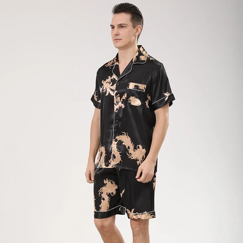 Plus Size Men's Summer Breathable Casual Silk Satin Printed Short Sleeve Shorts Pajamas Set 100% Polyester