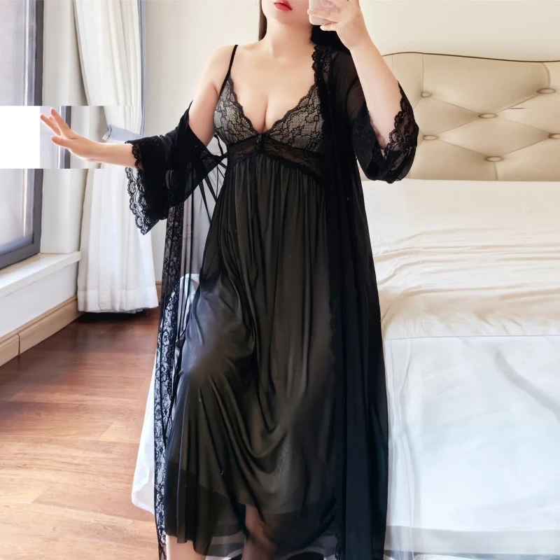 Plus Size Sexy Sling Women's Lace Mesh Nightdress Sexy Lingerie Casual Transparent Home Wear SetsPalances
