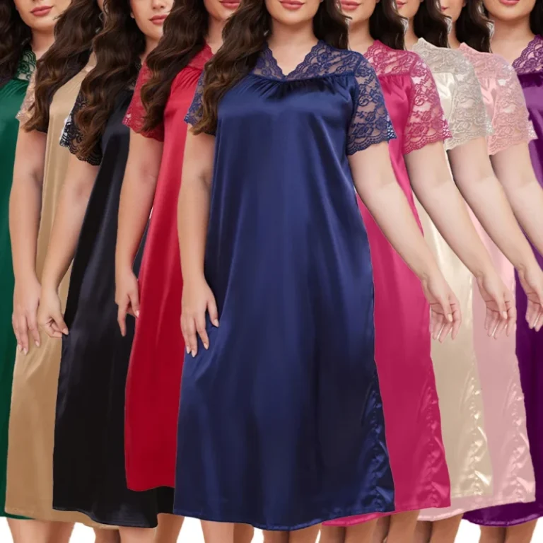 Plus-Size-Sleepwear-Women-Satin-Lace-Soft-Lightweight-Daily-Home-Loungewear