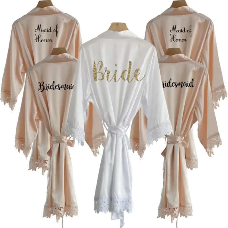 Plus Size Soft Satin Plain Dyed Elegant Solid Bridal Lace Robes Bridesmaid Women's Lace Trim Morning Gowns Robe