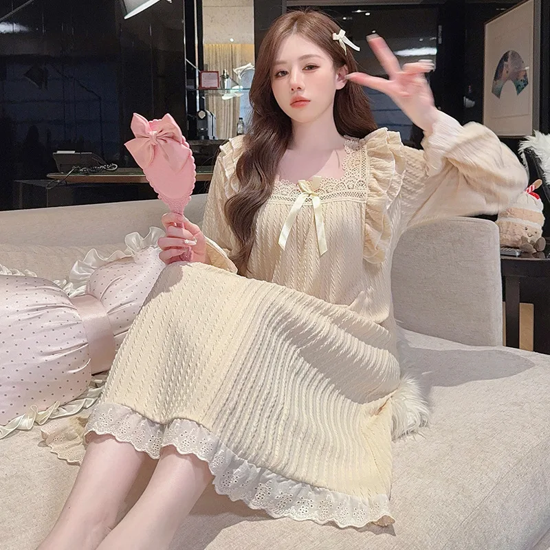 Plus Size Women Clothes Nightgown Solid Long-sleeved Pajamas Ladies Dress Loose Soft Nightdress Sleep Home Wear