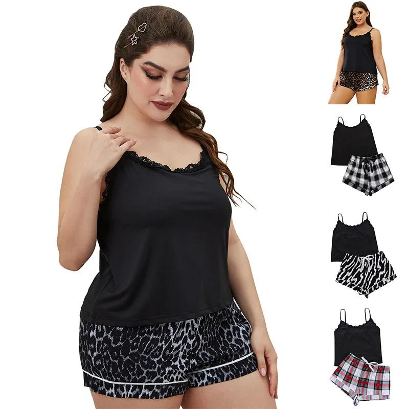Plus Size Women's Casual Summer Two Piece Loungewear Set Soft Breathable Simple Vintage Style Leopard Pattern Camisole Shorts