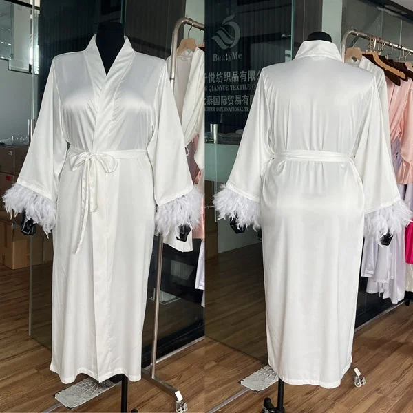 Plus Size Women's Matte Satin Wedding Gown Solid Long Feather Robe Casual Bride Bridesmaid Sleepwear Plain Dyed