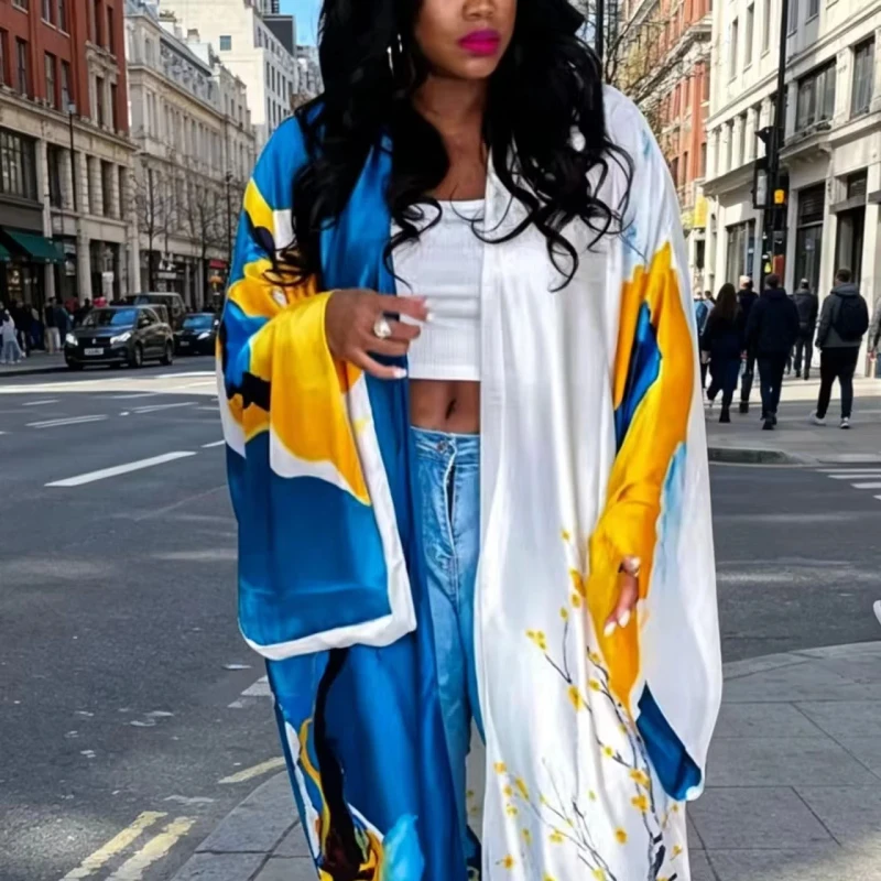 Plus Size Women's Spring Printed Satin Silk V neck Eco Friendly Breathable Knee Length Loose Long Robe Cardigan Kimono Style
