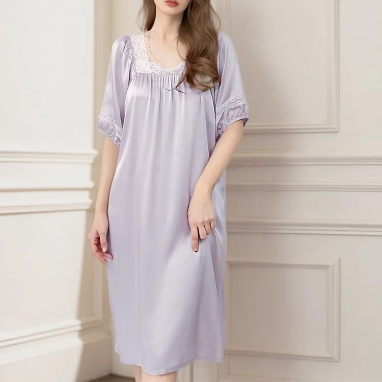 Plus Size Women's Summer Sleepwear 100% Mulberry Silk Pajamas with Square Collar Lace Nightgown and Chest Cushion
