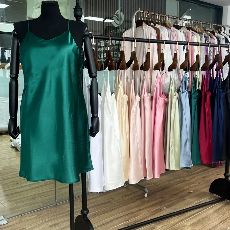 Plus Women's Summer Solid V-neck Silk Satin Sexy Breathable ODM Adjustable Straps Chemise Nightgown Bridal Lingerie Slip Dress