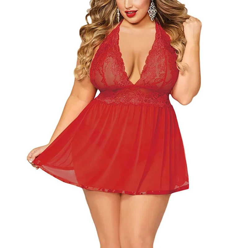 Plus size Camisole Nightdress Sexy Lingerie for Curvy Women Lace See through Seductive Pure Style Camisole Nightdress
