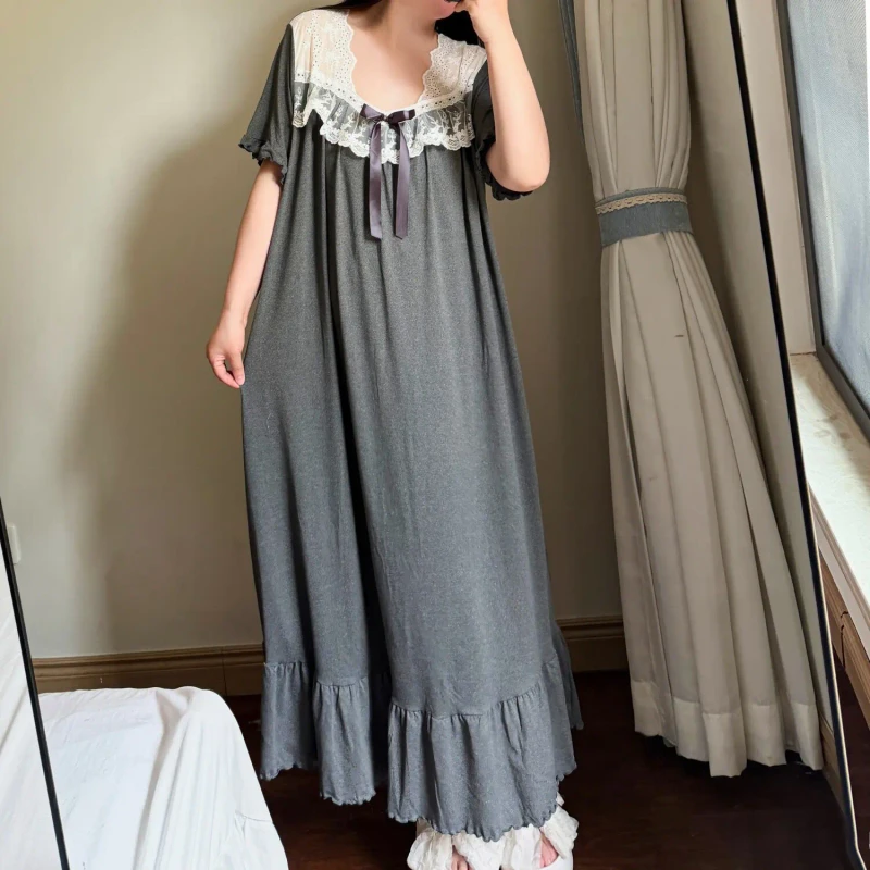 Plus-size Womens Sexy Loose-fitting Summer Nightdress Lace Round-neck Short-sleeve Sleepwear Robe Sweet Loungewear
