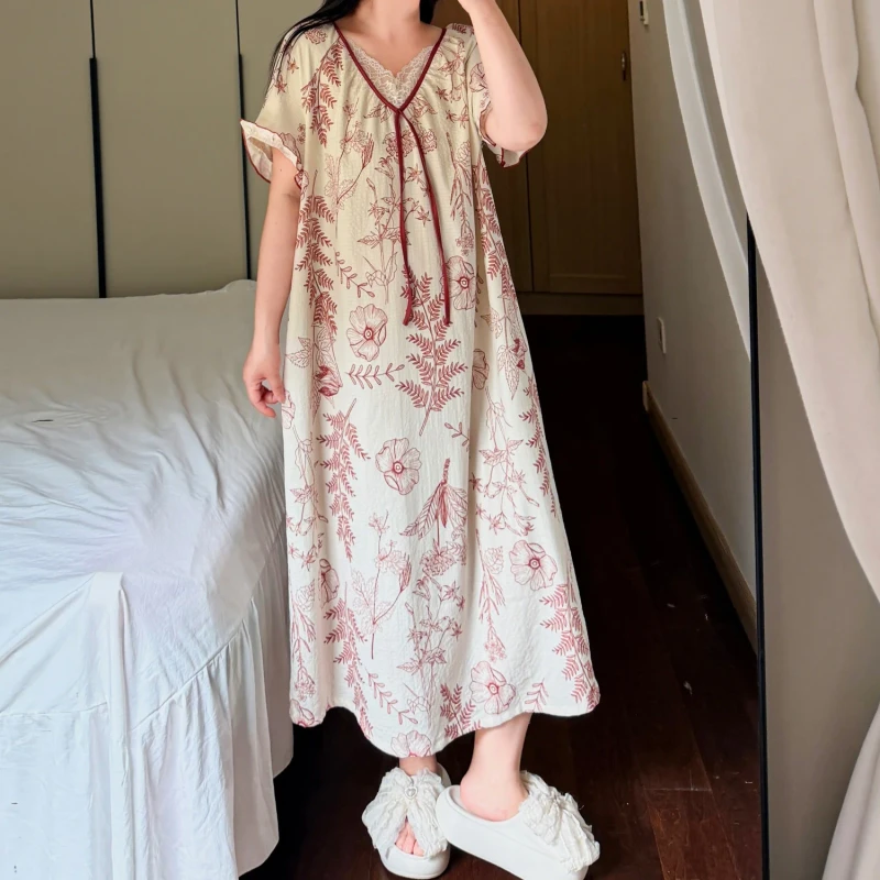 Plus-size Womens Summer Sleepwear Short Sleeve Printed V-neck Loose-fitting Tummy-hiding Nightdress Sweet Royal-style