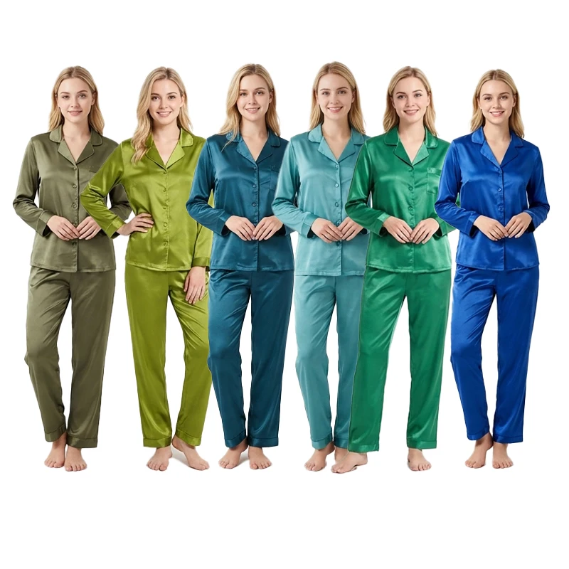 Polyester Satin Fabric Solid Casual Elegant Soft Smooth Women's Summer Pajamas Long Sleeve Pants Home Clothing Elastic Waist