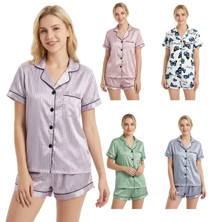 Polyester-Satin-Womens-Summer-Breathable-Fashion-Casual-Short-Sleeve-Button-Elastic-Waist-V-neck-2-Piece-Pajamas-Shorts-Set