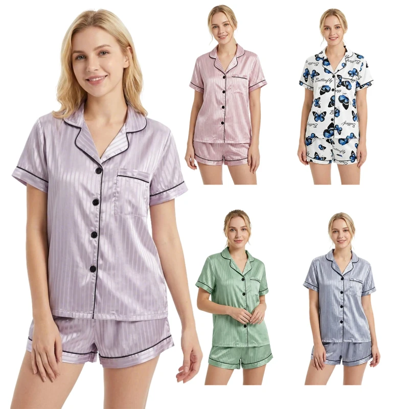 Polyester Satin Women's Summer Breathable Fashion Casual Short Sleeve Button Elastic Waist V-neck 2 Piece Pajamas Shorts Set
