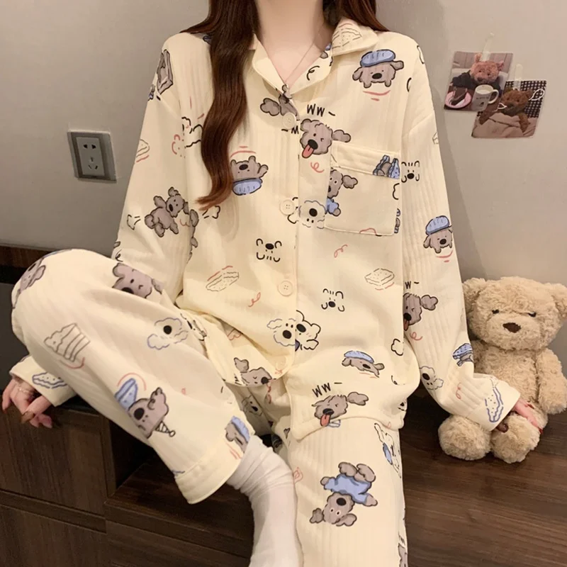 Popular Striped Korean Printed Pajamas for Women's Home Furnishings Set Two Piece Real Shot Women's Pajamas