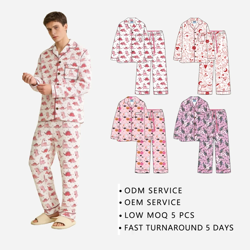 Premium Family Matching Pajama Set Elegant Lapel Piping Soft Bamboo Fiber Long Sleeve Pants Nightwear