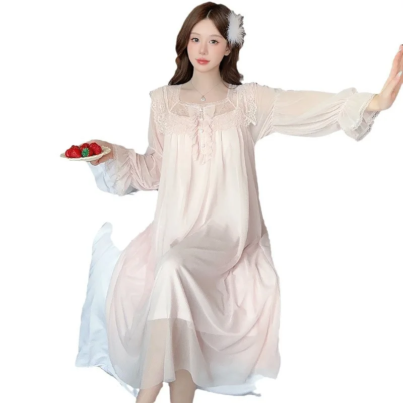 Princess Style Mid Length Nightdress Elastic Waist Spring Autumn Solid Color Square Neck Lace Long Sleeve Loungewear One Piece