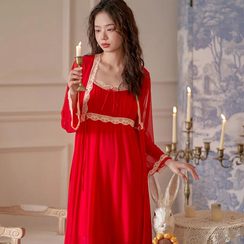 Princess Women's Summer Nightdress Sexy Strap Chest Pad Mesh Lace Solid Pattern Home Wear For Spring Autumn