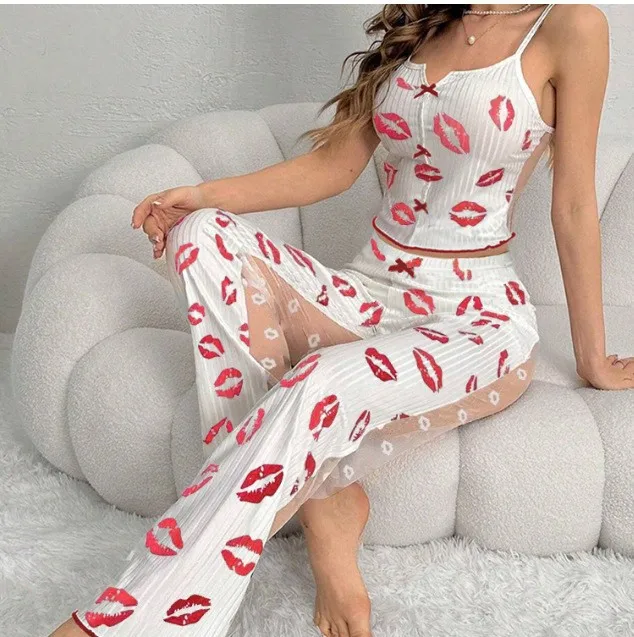 Print Contrast Lace Mesh Long Women's O Neck Transparent Night Wear Pajamas Set