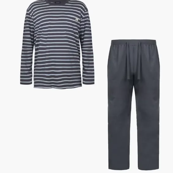 Printed Knitted 100% Cotton Men's Pajama Set Striped Long Sleeve Top + Loose Pants Soft Breathable Quick Dry Anti Pilling