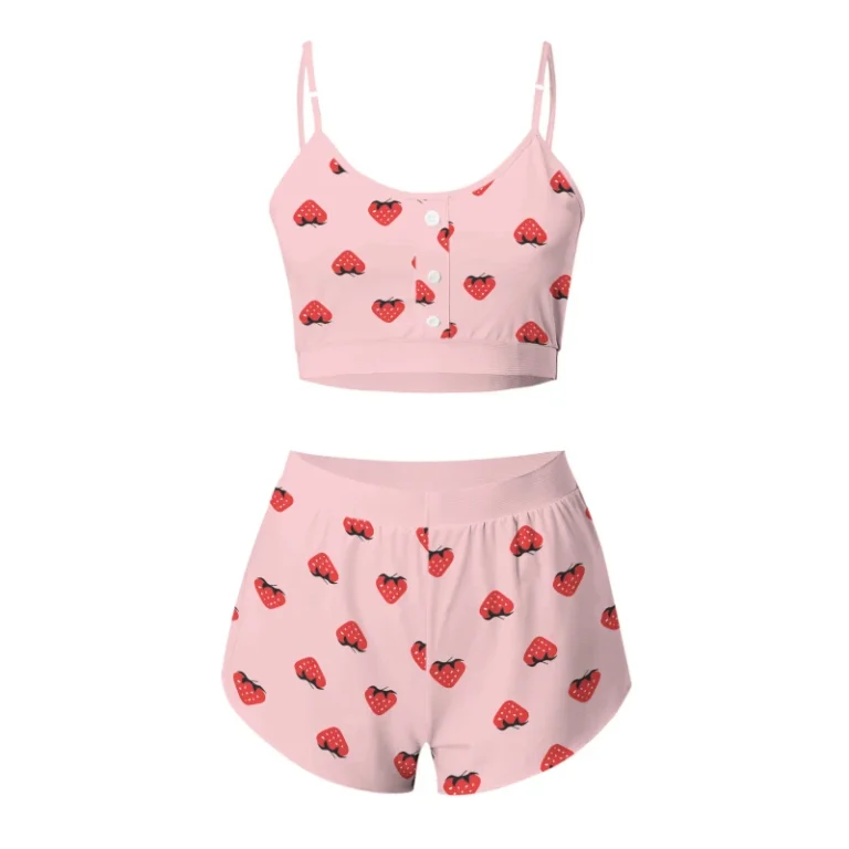 Printed-Lace-Sleeveless-Camisole-Two-piece-Pajama-Set-Sexy-Milk-Silk-Cosplay-Womens-Sleepwear