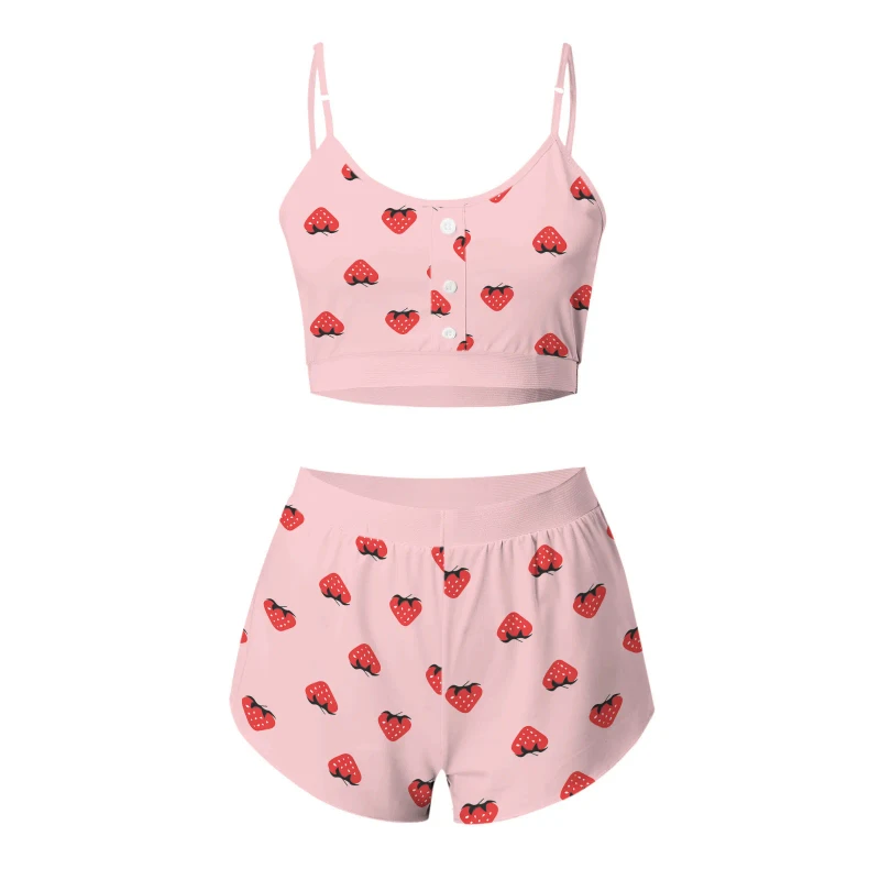 Printed Lace Sleeveless Camisole Two-piece Pajama Set Sexy Milk Silk Cosplay Women's Sleepwear