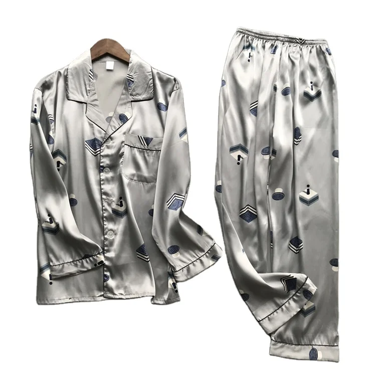 Printing Long Sleeve Long Pants Men Pj Sets Strap Satin Silk Pajamas Comfortable Breathable Men's Sleepwear
