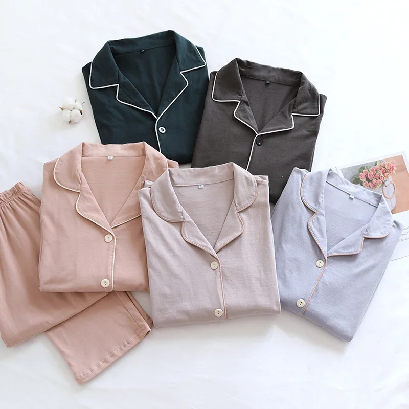 Pure Cotton Breathable Turn down Collar Pajamas Women's Spring Thin Solid Color Long Sleeve Full Length Knitted In Stock Men's