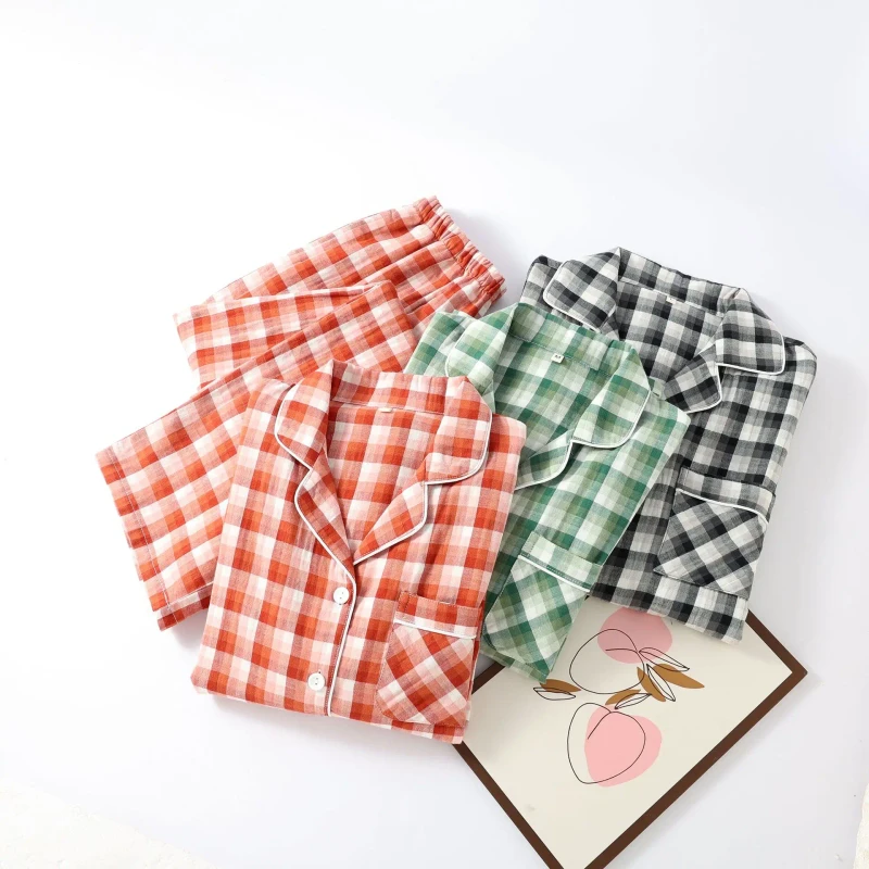 Pure Cotton Double Layer Gauze Pajamas Casual Elastic Waist for Spring Summer Men's Women's Wearable Homewear Set